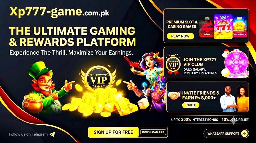 Official promo banner for Xp777-game.com.pk showcasing online casino slot games, VIP membership bonuses, invitation rewards up to Rs 8000, and deposit offers against a dark gold themed gaming background.